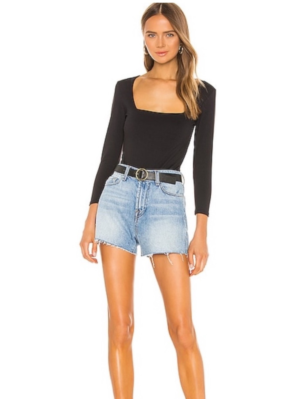Free People Black Square Neck Long Sleeve Bodysuit